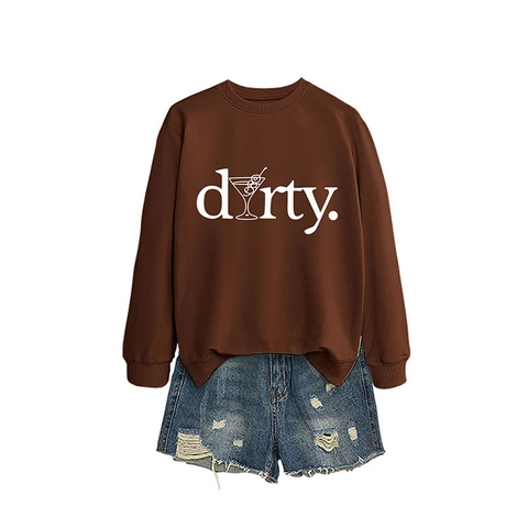 Sweatshirt Femme Col Rond Manches Longues Mélange De Coton Imprimé Lettre Verre À Martini Haut Pull Décontracté