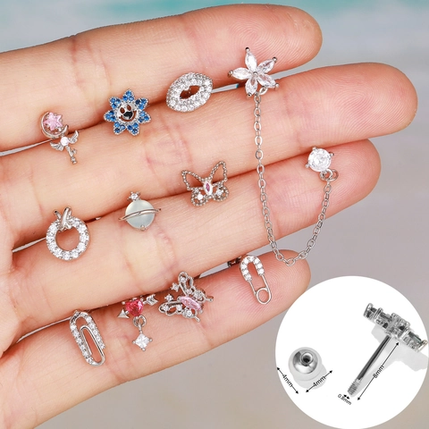 Zirconia Cartilage Piercing Studs Butterfly Planet Shapes Brass With Stainless Steel Earring Post Screw Back For Women