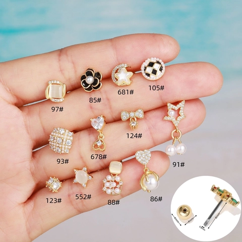 Orecchini a Bottone in Ottone e Zirconia Con Perno in Acciaio Inossidabile 20G Cuore Stella Luna Piercing Donna