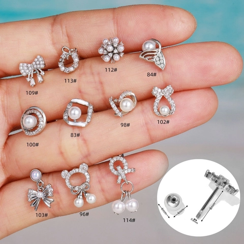 Elegant Bow Knot Faux Pearl Zircon Stud Earrings With Stainless Steel Post Screw Back Cartilage Piercing Jewelry For Women