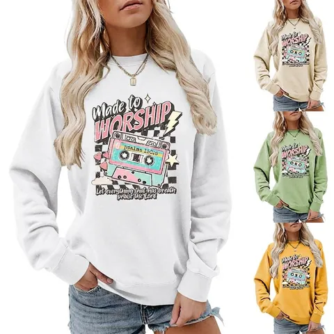 Sweat-shirt pour Femme avec Impression Graphique de Cassette Vintage Pull à Col Rond et Manches Longues Décontracté Made To Worship Haut