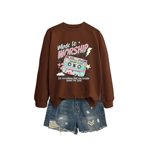 Sweat-shirt pour Femme avec Impression Graphique de Cassette Vintage Pull à Col Rond et Manches Longues Décontracté Made To Worship Haut