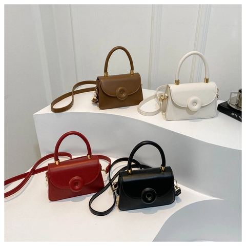 Women Fashion PU Leather Small Square Bag Donut Buckle Handbag Minimalist Solid Color Shoulder Crossbody Bag With Gold Hardware