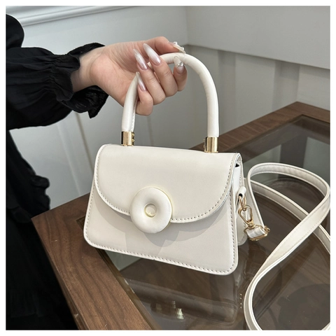 Women Fashion PU Leather Small Square Bag Donut Buckle Handbag Minimalist Solid Color Shoulder Crossbody Bag With Gold Hardware