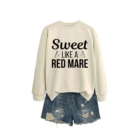Sweat-shirt Femme Mélange De Coton Manches Longues Col Rond Décontracté Imprimé Cheval Lettre Pull Top Streetwear