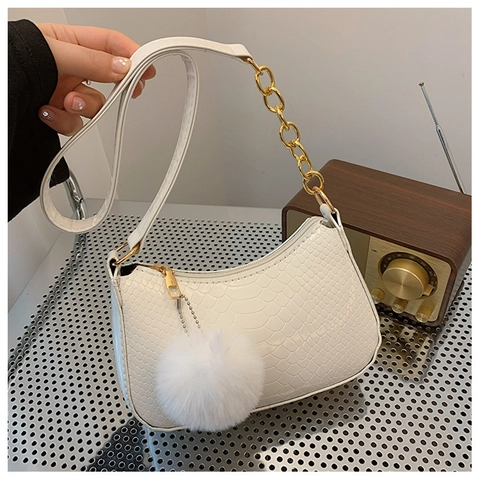 Sac sous le Bras pour Femmes en Cuir Verni Brillant Mini Sac à Bandoulière Gaufré Crocodile Avec Chaîne Dorée et Pompon