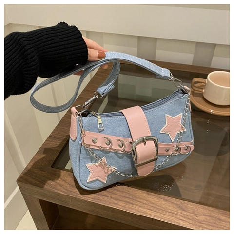 Women Y2K Denim Underarm Shoulder Bag Pink Star Patches Metal Chain Fashion Contrast Color Retro Baguette Purse