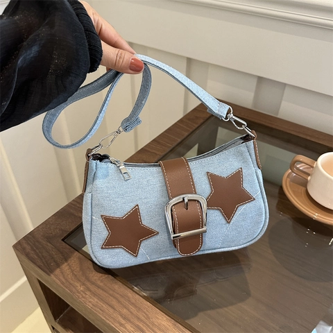 Bolso De Axila De Mezclilla Vintage Con Estrellas Para Mujer Moda Y2K Color De Contraste Bolso De Hombro Con Hebilla De Metal