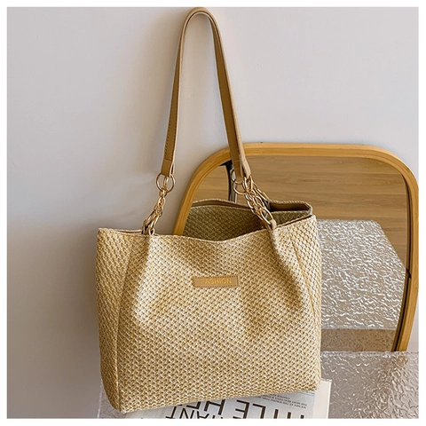 Grote Stro Geweven Tote Tas Dames Holle Schoudertas Met PU Leren Kettingriem Urban Simple Chic Fashion Label