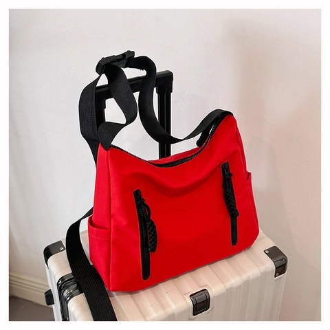 Women Nylon Crossbody Bag Large Capacity Shoulder Tote Bag With Dual Vertical Zipper Pockets Wide Strap Casual Solid Color
