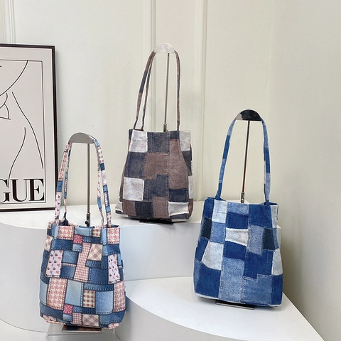 Patchwork Denim Canvas Tote Τσάντα Ώμου Ρετρό Καρό Μεγάλη Χωρητικότητα Casual Τσάντα Για Γυναίκες Μαγνητικό Κούμπωμα