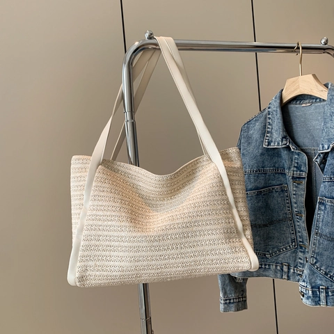 Grand Sac Fourre-tout Tissé En Paille Pour Femmes Avec Lanières En Cuir Synthétique Style Rétro Pastoral Sac À Épaule De Plage