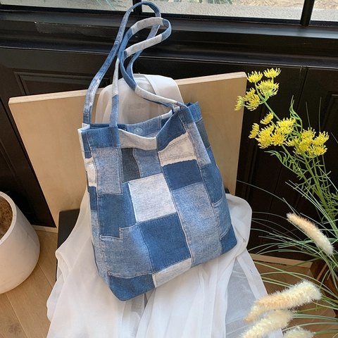 Patchwork Denim Canvas Tote Τσάντα Ώμου Ρετρό Καρό Μεγάλη Χωρητικότητα Casual Τσάντα Για Γυναίκες Μαγνητικό Κούμπωμα