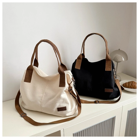 Borsa Tote in Tela Minimalista Giapponese per Donna Grande Capacità Borsa a Tracolla Casual Manici a Contrasto Patch Fashion