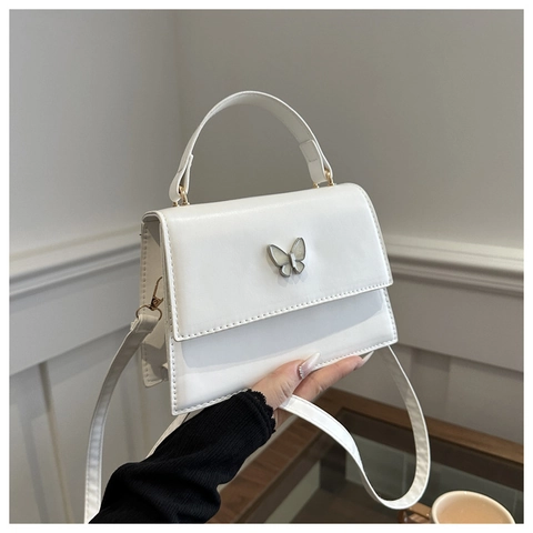 Butterfly Decor PU Leather Crossbody Bag Elegant Flap Square Shoulder Handbag With Top Handle For Women Minimalist Style