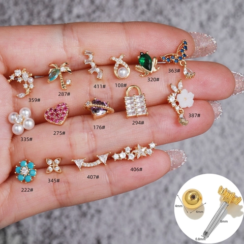 Pendientes de botón minimalistas de latón con circonitas en forma de flor corazón estrella con poste de acero inoxidable oro oro rosa plata joyería de piercing para mujer