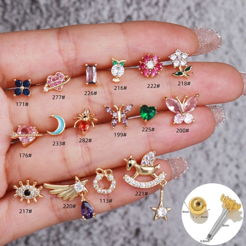 Mini Stud Cartilage Earrings Zirconia Stainless Steel Earring Post Screw Ball Back Design Butterfly Heart Flower Shape