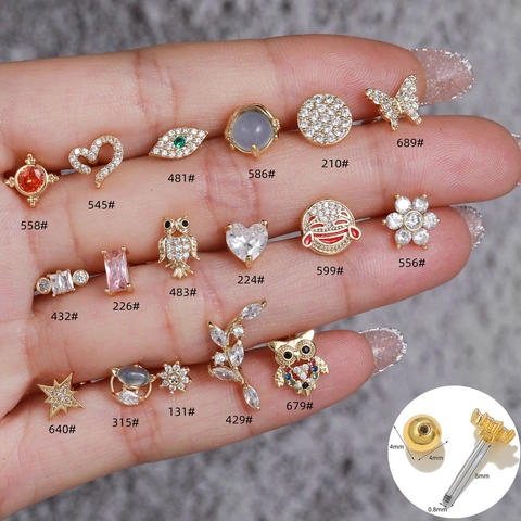 Cartilage Stud Earrings Cubic Zirconia Brass Inlaid With Stainless Steel Earring Post Screw Back Heart Flower Owl Style