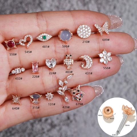 Cartilage Stud Earrings Cubic Zirconia Brass Inlaid With Stainless Steel Earring Post Screw Back Heart Flower Owl Style