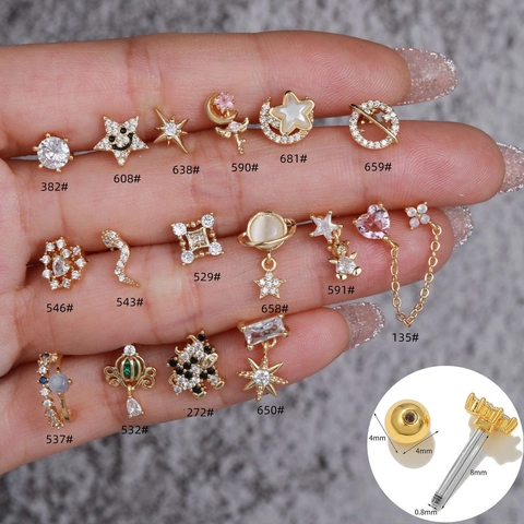 Pendientes de Cartílago de Acero Inoxidable con Zirconia para Mujer Oro Oro Rosa Flor Estrella Animal Saturno Corazón Joyería de Piercing