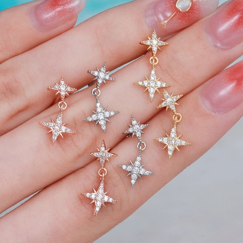 Orecchini A Stella Zircone Con Perno In Acciaio Inossidabile Base Rame Chiusura A Vite Piercing Stile Retrò Donna