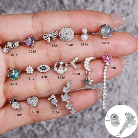 Pendientes de Botón de Latón y Zirconia Vintage para Mujer Joyería de Piercing de Hueso de Oreja Pequeña Retro Dorado Oro Rosa Tono Plateado Floral Estrella Luna Corazón Regalo de Fiesta