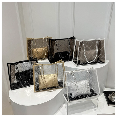 Damen Mode Transparente PVC Tote Tasche Gesteppte Gittermuster Mit Innentasche Metall Kettenriemen Große Kapazität Sommer Lässige Strand Umhängetasche Zweiteiliges Set