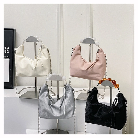 Damen PU Leder Achseltasche Mit Perlen Griff Und Kette Riemen Falten Halbmond Schulter Umhängetasche Mode Handtasche