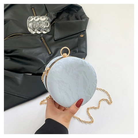 Bolso Redondo Pequeño para Mujer Textura de Mármol Arrugada Cuero PU Bolso de Noche Con Correa de Cadena Dorada Asa de Anillo de Metal Moda