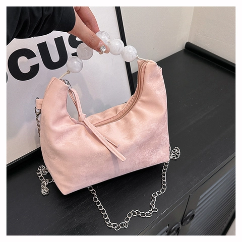 Damen PU Leder Achseltasche Mit Perlen Griff Und Kette Riemen Falten Halbmond Schulter Umhängetasche Mode Handtasche