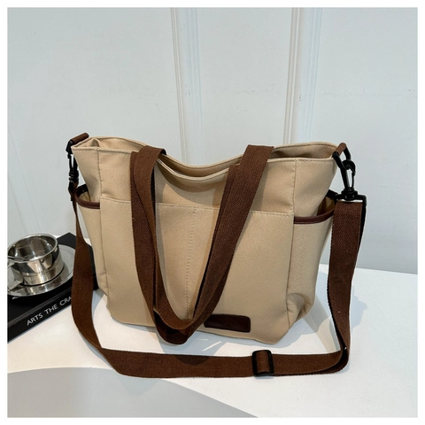 Sac Fourre-tout En Toile Durable Grande Capacité Poches Multiples Bandoulière Réglable Style Collège Décontracté