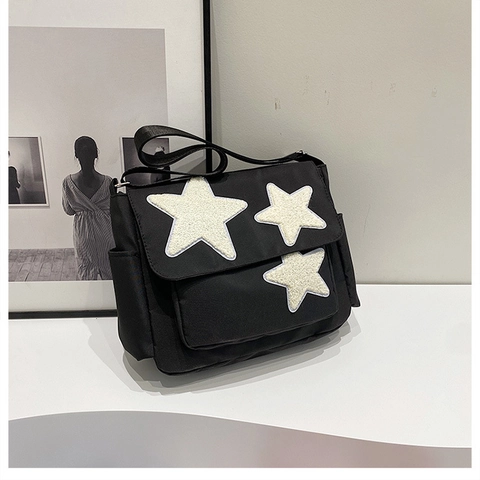 Damen Canvas Umhängetasche Große Kapazität Mit Plüsch Stern Aufnäher Lässige Messenger Bag Für Schule Alltag