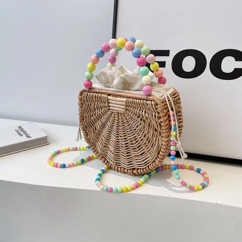 Borsa a Tracolla a Semicerchio in Rattan Intrecciato a Mano Con Tracolla in Perle Colorate Pochette Interna a Coulisse Donna Gioielli