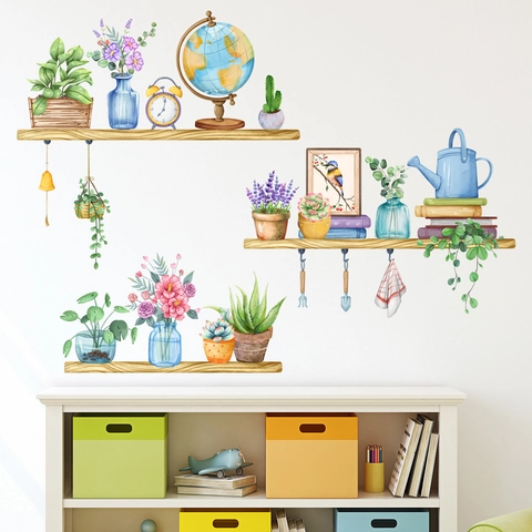 Watercolor Potted Plants Shelf Wall Stickers PVC Self-Adhesive Green Leaf Flower Decals For Living Room Bedroom Home Decor