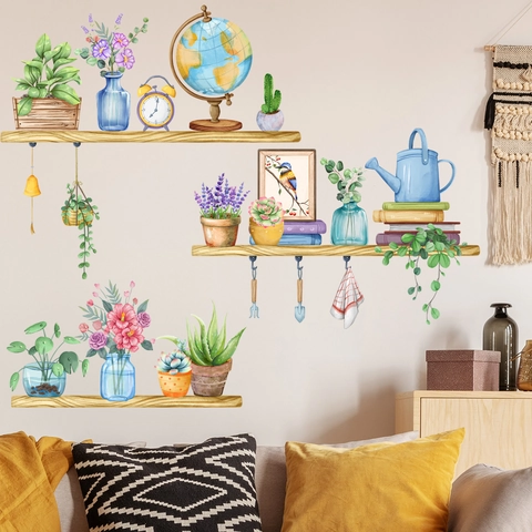 Watercolor Potted Plants Shelf Wall Stickers PVC Self-Adhesive Green Leaf Flower Decals For Living Room Bedroom Home Decor