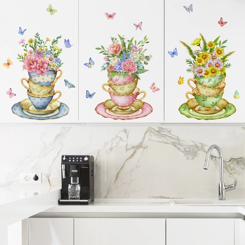 Watercolor Floral Tea Cup Butterfly Wall Stickers PVC Self-Adhesive Removable Cabinet Decals For Kitchen Dining Room Decor