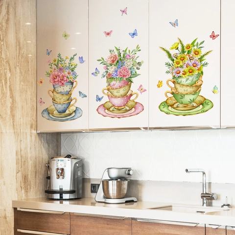 Watercolor Floral Tea Cup Butterfly Wall Stickers PVC Self-Adhesive Removable Cabinet Decals For Kitchen Dining Room Decor