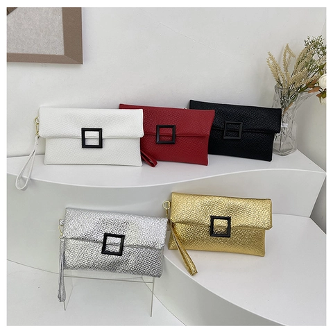 Damen Kunstleder Umschlag Clutch Tasche Litchi Maserung Quadratische Schnalle Abend Party Handtasche Minimalistisches Handgelenk Portemonnaie