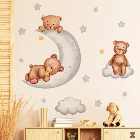 Autocollants Muraux Ours Dessin Animé Lune Étoile Nuage PVC Auto-adhésif Aquarelle Peint À La Main Pour Chambre Enfant