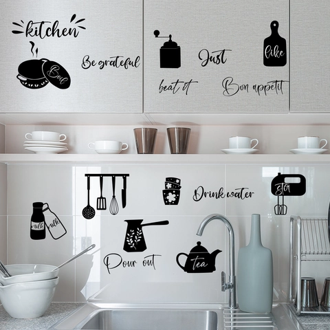 Kitchen Wall Stickers PVC Self Adhesive Decorative Decals Kitchenware Silhouettes Black Waterproof Removable Home Decor