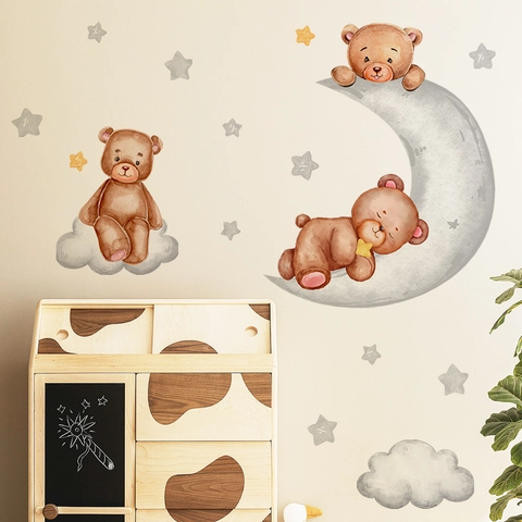 Stickers Muraux Ours Brun Dessin Animé Lune Étoiles Nuages Décoration de Chambre d'Enfant Bébé Chambre PVC Décalcomanie