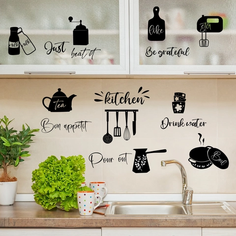 Kitchen Wall Stickers PVC Self Adhesive Decorative Decals Kitchenware Silhouettes Black Waterproof Removable Home Decor