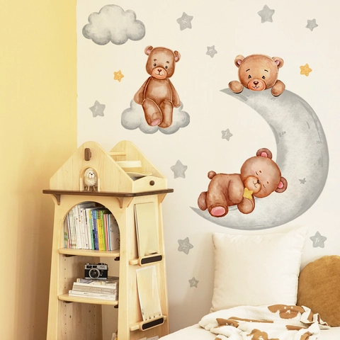 Autocollants Muraux Ours Dessin Animé Lune Étoile Nuage PVC Auto-adhésif Aquarelle Peint À La Main Pour Chambre Enfant