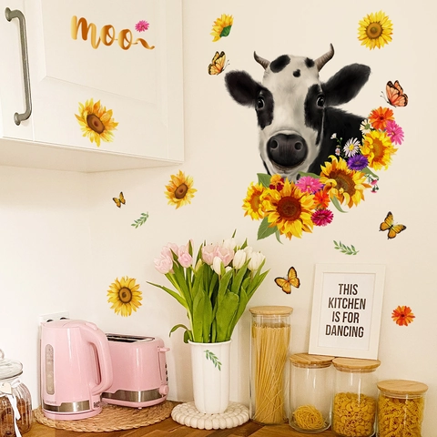 Sticker Mural Vache Tournesol Auto-adhésif PVC Style Fermette Pour Cuisine Chambre Réfrigérateur Fenêtre Verre Décalcomanie