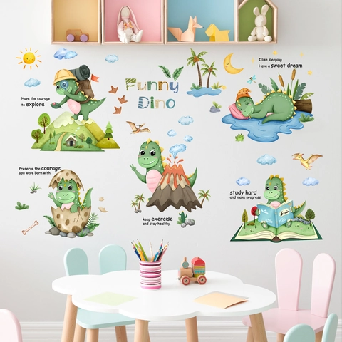 Stickers Muraux Dinosaure Dessin Animé PVC Auto Adhésif Déco Chambre Enfant Aquarelle Citations Dinosaure Fond