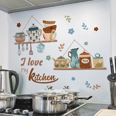 I Love My Kitchen Wall Sticker Kitchen Utensils Teapot Floral Quote PVC Self-Adhesive Removable Dining Room Home Decor Mural