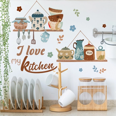 I Love My Kitchen Wall Sticker Kitchen Utensils Teapot Floral Quote PVC Self-Adhesive Removable Dining Room Home Decor Mural
