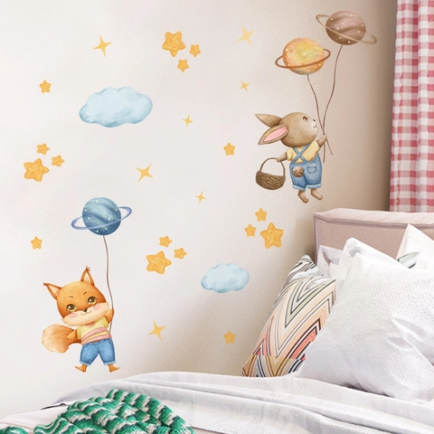 Lichtgevende Muurstickers Glow In The Dark Cartoon Konijn Eekhoorn Sterren PVC Zelfklevende Decals Kinderkamer Decoratie