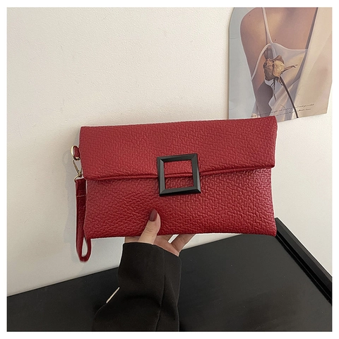 Damen Kunstleder Umschlag Clutch Tasche Litchi Maserung Quadratische Schnalle Abend Party Handtasche Minimalistisches Handgelenk Portemonnaie