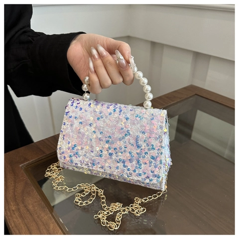 Women Sequin Small Square Bag With Faux Artificial Pearl Handle Gold Chain Strap Elegant Evening Handbag Crossbody Shoulder Bag